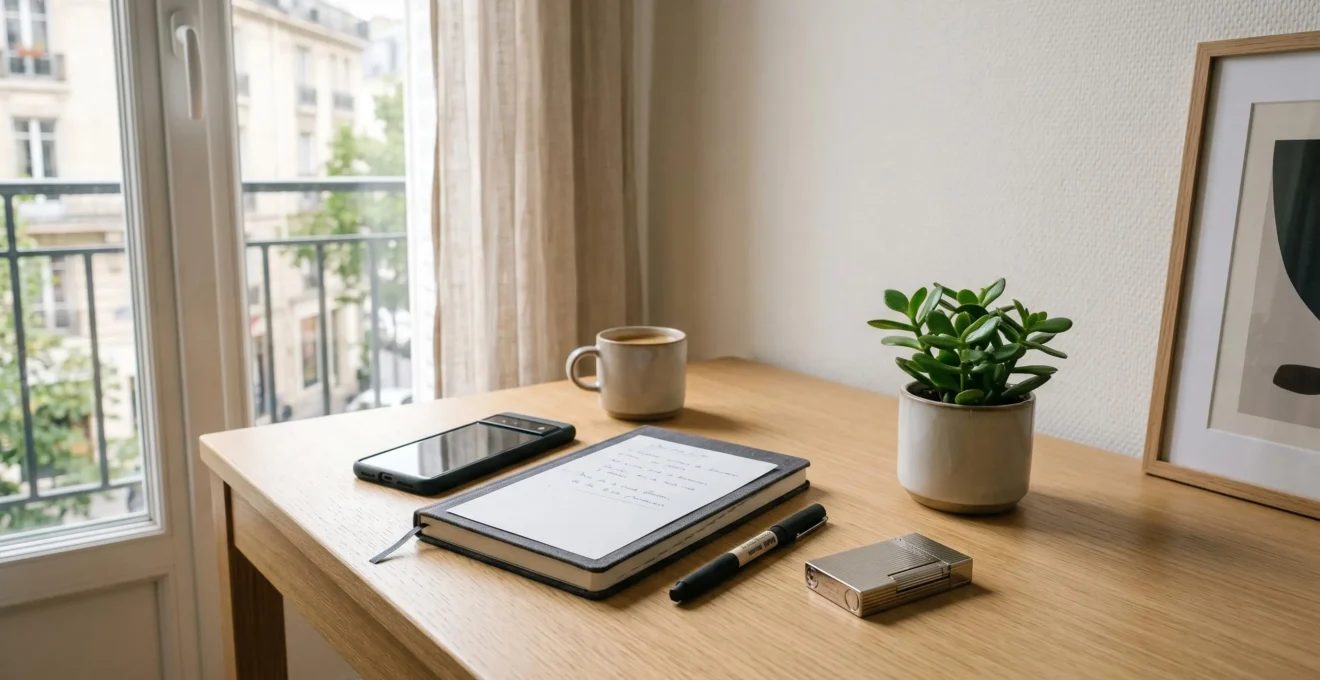Bureau épuré contemporain en France avec briquet design collection exclusive posé naturellement parmi carnet, stylo et plante, lumière naturelle douce créant ambiance sereine