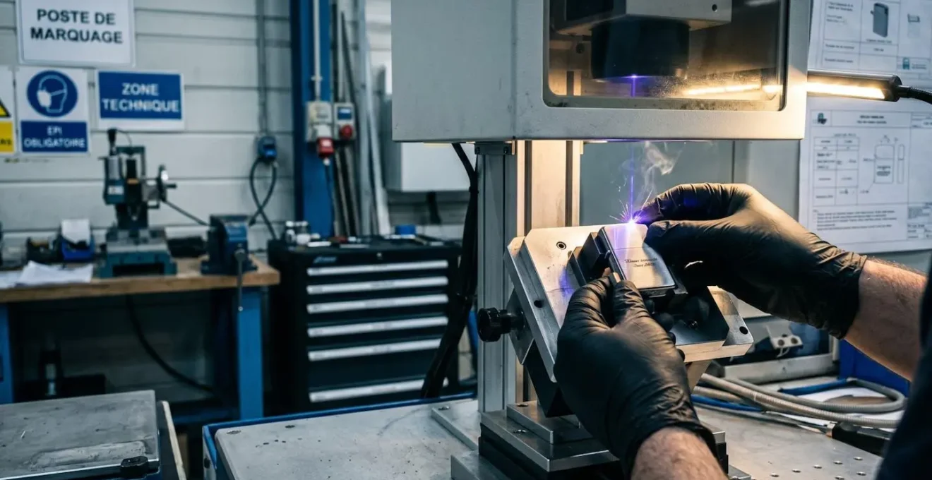 Gros plan sur mains de technicien utilisant machine de gravure laser pour personnaliser un briquet dans atelier de production français avec éclairage directionnel sur zone de travail