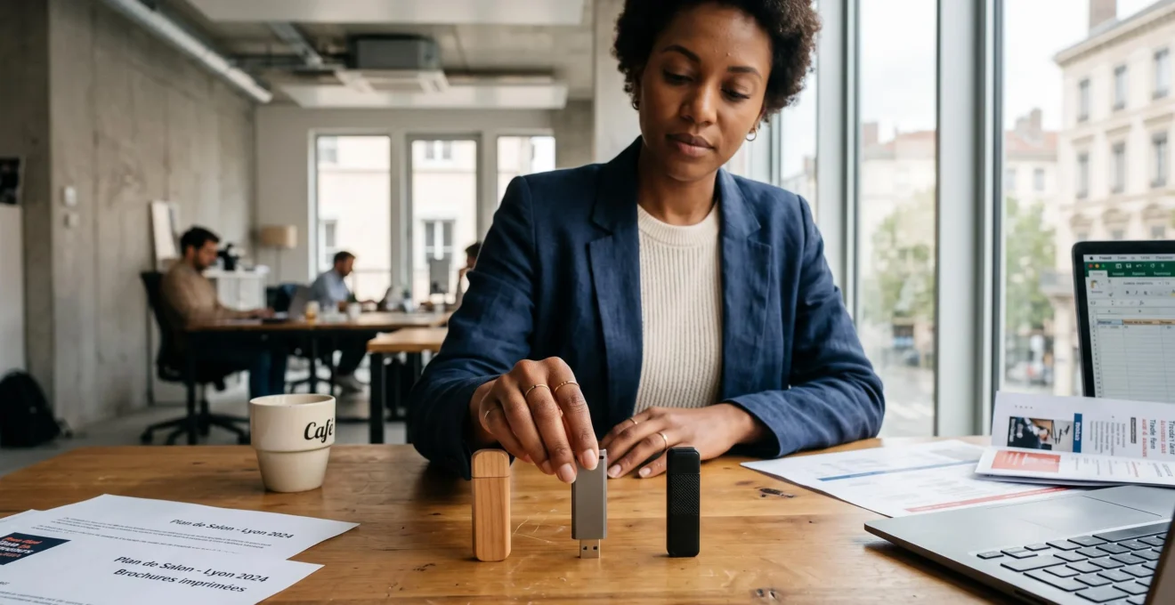 Une professionnelle compare trois clés USB de finitions différentes sur son bureau.