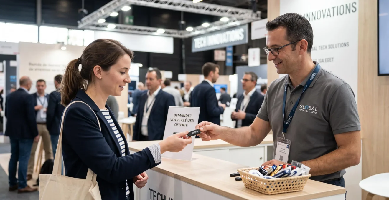 Un visiteur de salon reçoit une clé USB d'un exposant à son stand.